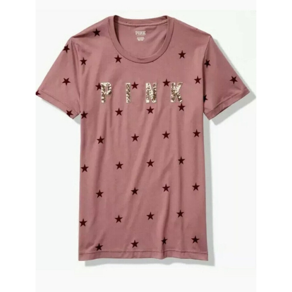 NWT Victoria's‎ Secret Pink Bling Star Campus Tee Shirt Cocoa Powder Sz XS